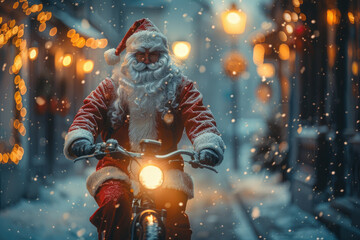 Naklejka premium Santa claus joyfully rides his bicycle through a snowy city street on a magical winter evening during christmas, delivering gifts and spreading holiday cheer