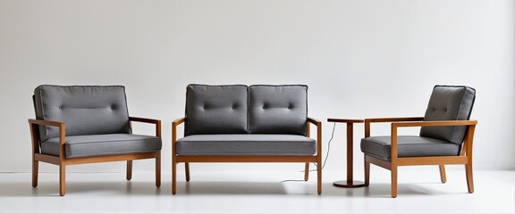 collection Set of minimal wood and fabric interior furniture on white background