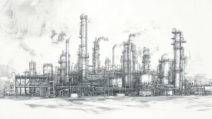 Obraz premium Sketch of a large industrial complex with tall towers and intricate piping, set against a hazy background.