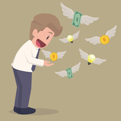 Businessmen use insect trapping nets to trying, walking to catch a swarm of banknotes with wings who flying in the air. Vector illustration.