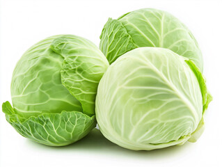 Two large green cabbage heads sit on a white background