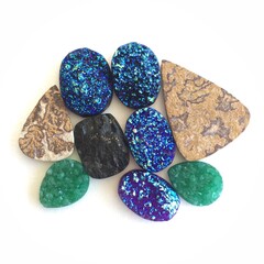 A group of druzy Psilomelane dendrite fossils and druzy titanium and druzy quartz