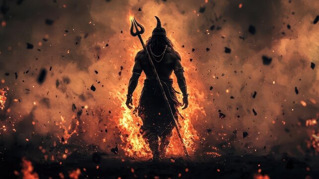 Shiva in his fierce Aghori form, walking through a battlefield, flames rising from his trident as he destroys evil forces, Shiva, Aghori, mythological destruction