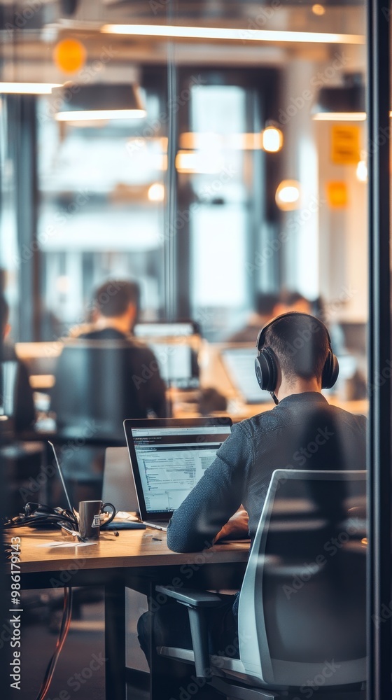 Aufkleber Focused coder wearing headphones while working on a laptop in a busy office. Modern work environment and programming productivity concept.