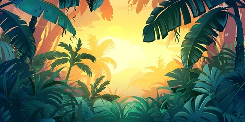 Tropical Rainforest Sunset Jungle Illustration