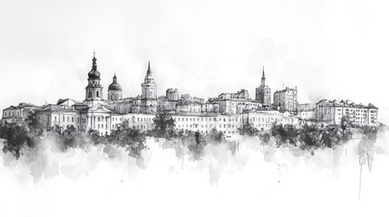 Fototapeta premium Chisinau, Moldova, black and white pen pencil hand-drawn effect drawing illustration for travel poster, card, wallpaper, backdrop or banner. Modern, clear, artistic and simple