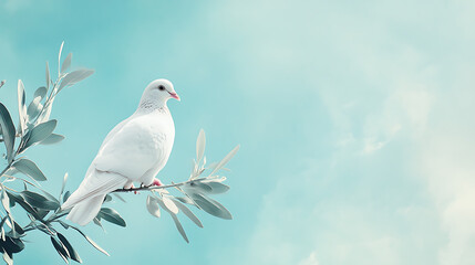 Obraz premium Serene white dove perched on an olive branch against a blue sky