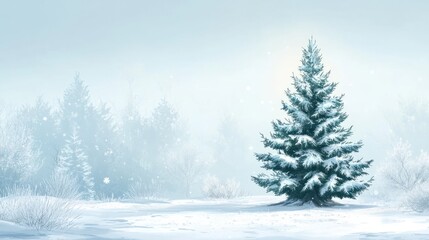 Fototapeta premium Beautiful Christmas tree in winter landscape, illustration. space for text transparent background