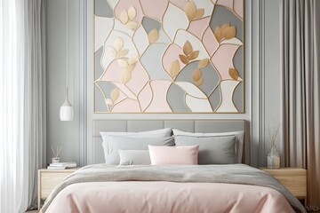 A modern bedroom featuring soft pink, gray, and gold geometric leaf-patterned wall decor, complemented by pastel bedding for a serene atmosphere