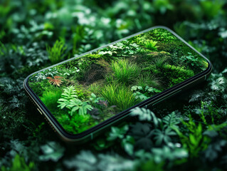 A phone is displayed on a circuit board with a green forest background