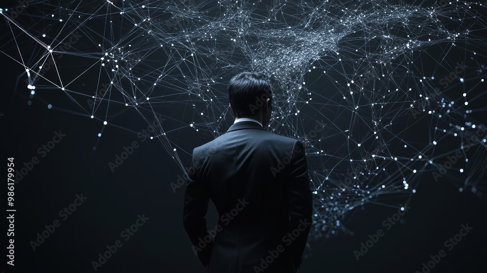 Poster businessman standing in front of a digital network, showcasing the concept of global connections and