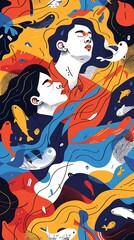 Abstract Illustration of Two People Surrounded by Colorful Fish