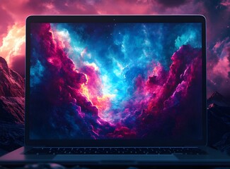 Laptop Display with Nebula Background
