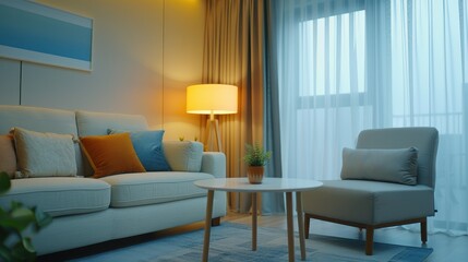 Fototapeta premium Living room with cozy and glowing lamps