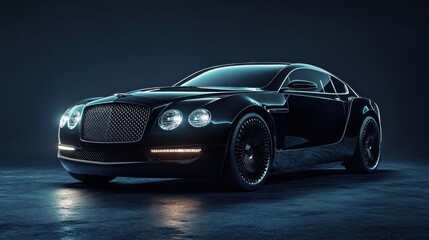 Black luxury sports car with headlights on in a dark studio.
