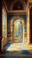 Obraz premium Sunbeams Pouring Through Archway In Palace Hall With Fresco Paintings