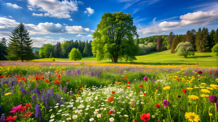 Obraz premium Spring meadow filled with colorful flowers surrounded by lush trees in Masuria, Poland , Spring, meadow, flowers, trees