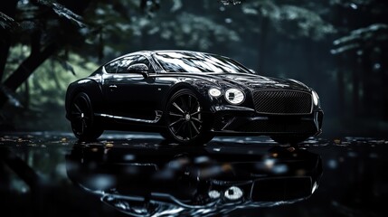 Black luxury car parked in a forest with reflection on the ground.