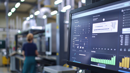 Naklejka premium image showcases modern industrial setting with focus on digital display showing various metrics and data analytics. background features machinery and worker engaged in tasks, highlighting integration