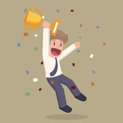 Businessman jumping holding trophy. golden cup and confetti. Business online achievements. Get reward and celebrate. Partnership and teamwork. business success, leadership, awards.llustration.vector