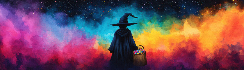 Fototapeta premium A magical scene of a trick-or-treater dressed as a wizard, their bag overflowing with candy as stars twinkle above, painted in watercolor
