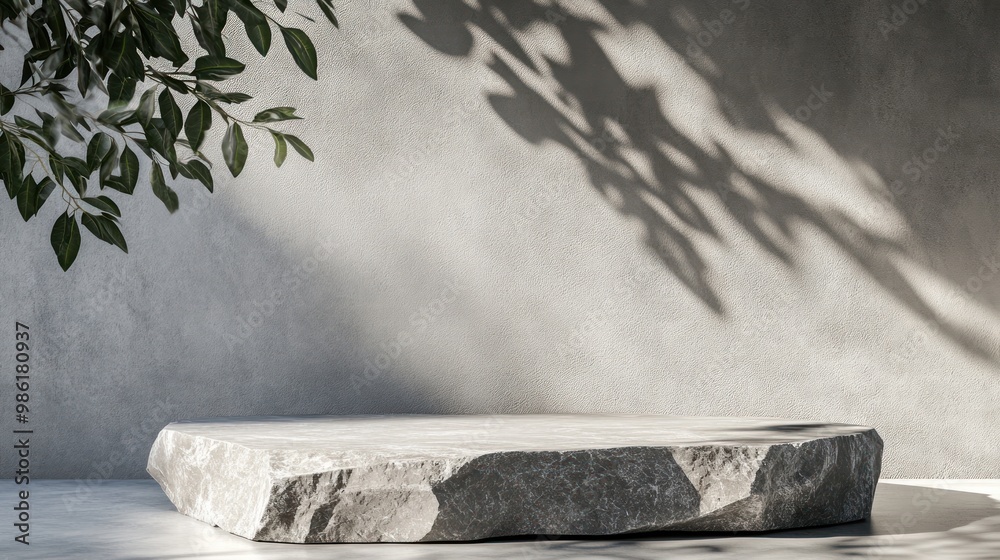 Wall mural a rough stone platform with a flat top sits in front of a concrete wall with the shadow of a tree's 