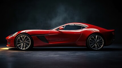 A red sports car sits on a dark, empty asphalt road.