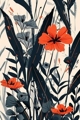 Abstract Floral Pattern With Orange and Blue Flowers