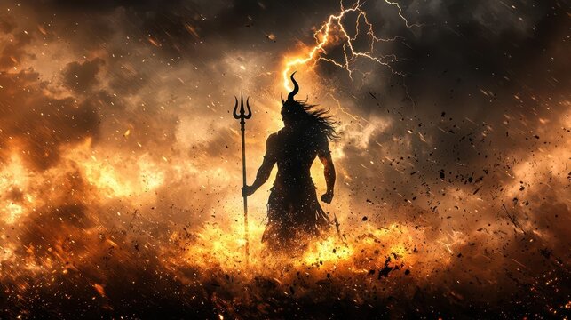 Shiva surrounded by a storm of fire and lightning, his trident raised as he prepares to destroy the universe, Shiva, destroyer, storm