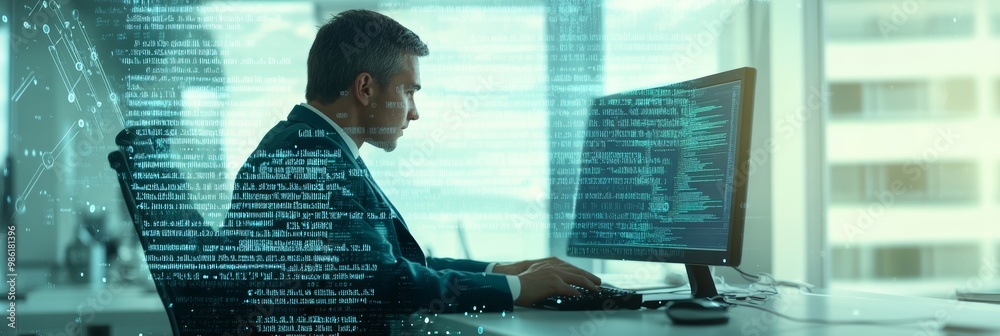 Poster Professional man typing on a desktop surrounded by digital code, focusing on programming and cybersecurity.