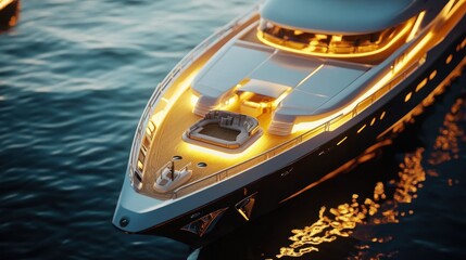 A luxury yacht with a sleek, modern design and a warm, inviting interior. The yacht is anchored in a calm bay, with the setting sun casting a golden glow on the water.