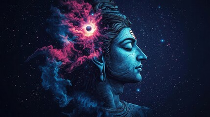 Shiva surrounded by swirling galaxies and stars, his third eye glowing with the power to destroy and renew, Shiva, cosmic destroyer, divine power