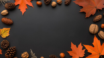 Colorful fall leaves, nuts and pine cones. Corner border over a rustic dark banner background. Overhead view with copy space.
