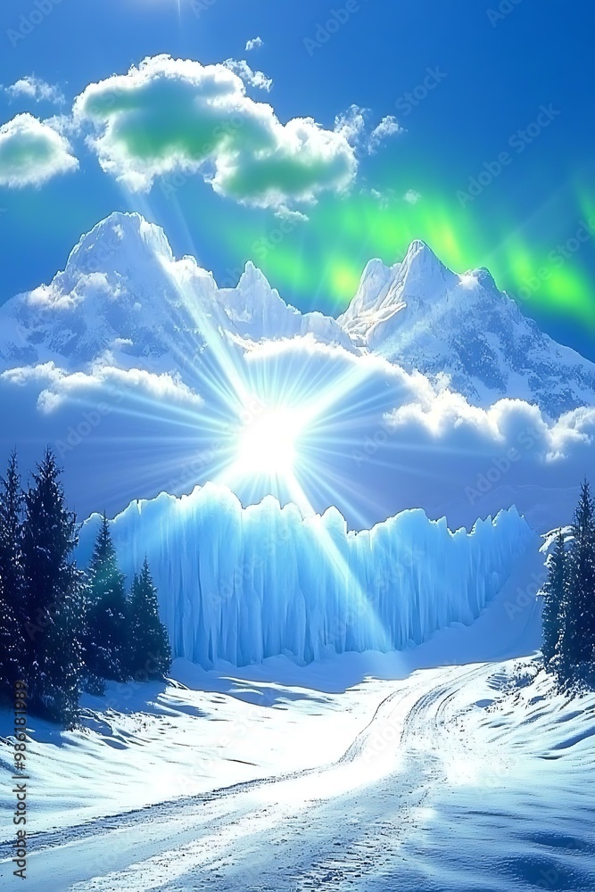 Canvas Prints Snowy Mountains with Icy Wall and Shining Sun