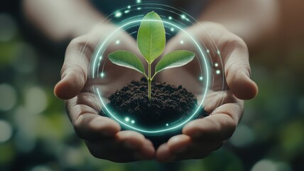 A pair of hands holds a small plant, symbolizing growth and sustainability, surrounded by a glowing circle that represents protection and nurturing.