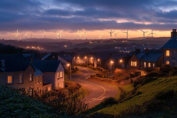 Obraz premium A peaceful evening descends on a quiet village with glowing street lights. Wind turbines stand tall in the distance. Nature and technology combine in harmony. Generative AI