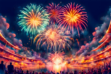  Illustration of Beautiful colorful fireworks show.