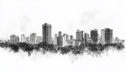 Obraz premium Ciudad del Este, Paraguay, black and white pen pencil hand-drawn effect drawing illustration for travel poster, card, wallpaper, backdrop or banner. Modern, clear, artistic and simple