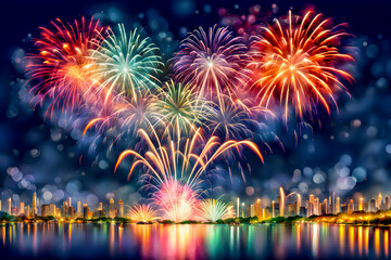  Illustration of Beautiful colorful fireworks show.
