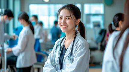 Asian female doctor in a hospital setting. Bokeh defocused background