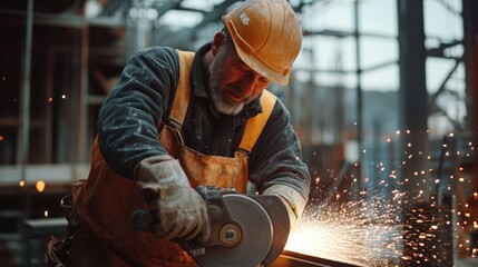 Construction worker using an angle grinder to cut metal, sparks flying.
