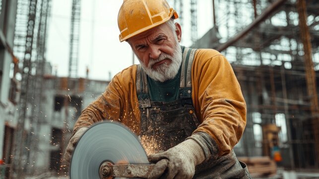 Senior construction worker wearing a yellow hard hat uses an angle grinder to cut metal. The man is on a construction site and the sparks from the grinder are visible.