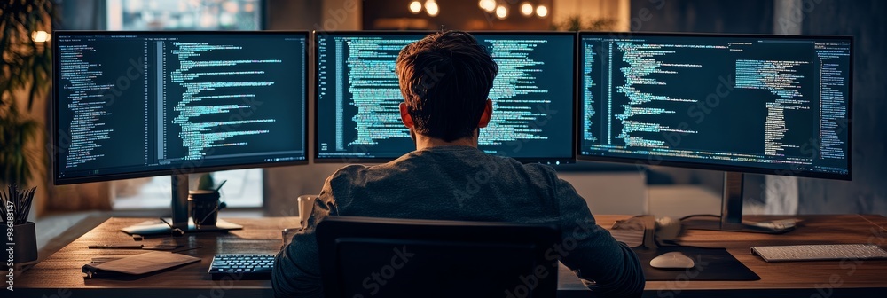 Aufkleber Rear view of software developer coding on multiple screens in a home office at night. IT professional working on a tech project.