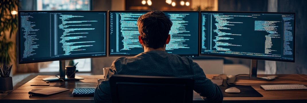 Rear view of software developer coding on multiple screens in a home office at night. IT professional working on a tech project.