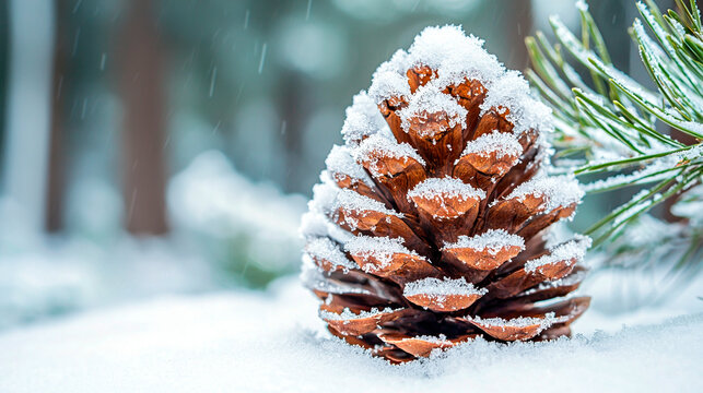 pine cone in the snow, Winter holiday background