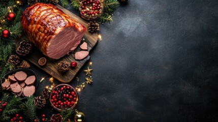 'delicious ham grey table top view space text christmas nner background baked celebration cooked copy cut dinner dish eat eve feast festive flat food fresh glazed epicure holiday homemade ingredient'
