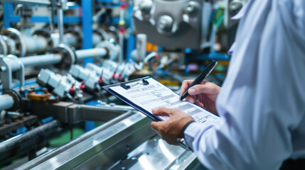 A technician inspects machinery while taking notes on clipboard in factory setting. environment is filled with industrial equipment, showcasing focus on quality control and maintenance