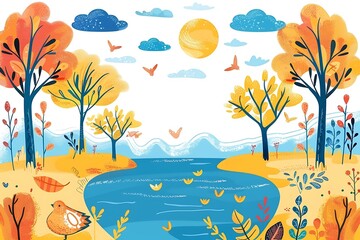 Autumn Landscape With Bird and Lake