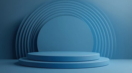 Obraz premium Two-tiered blue platform with abstract circle backdrop.