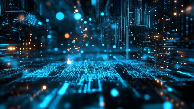 Close-up of data streams and light particles in a futuristic digital environment. Concept of coding and data processing.
